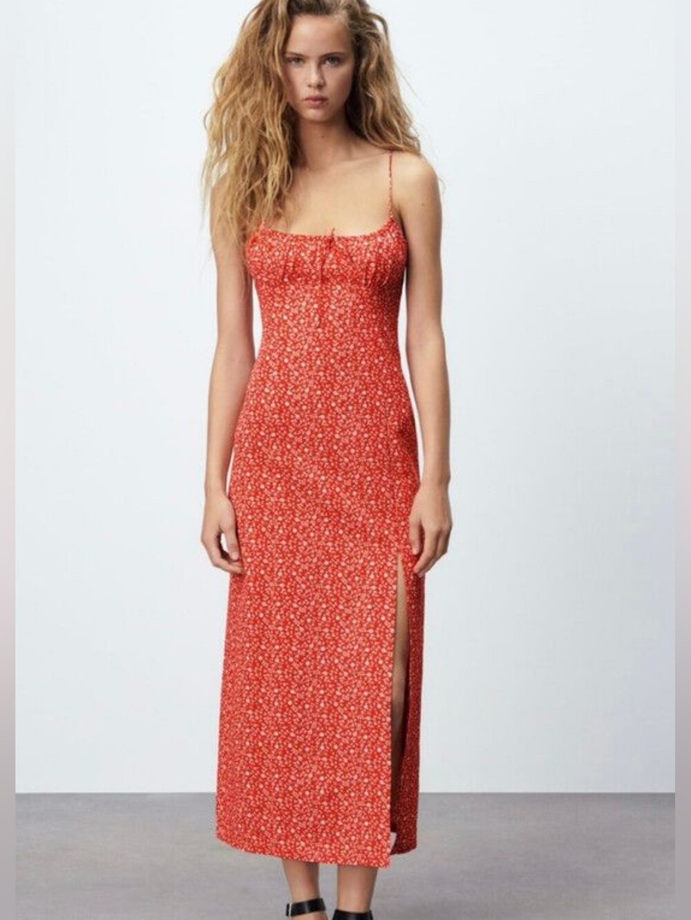 Zara Red Ditsy Floral Milkmaid Midi Column Dress - Size XS